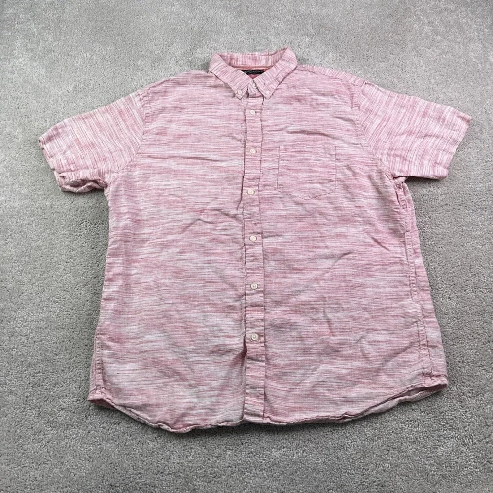 Banana Republic Shirt Mens XL Pink‎ Stripes Linen Camden Fit Short Sleeve